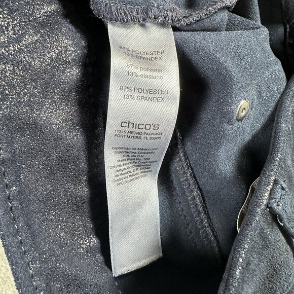 Chicos Metallic Faux Suede Navy Pull On Slim Pants Size 0.5 (Fits 6) - Picture 11 of 16